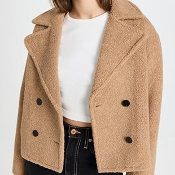 Theory Women's Faux Fur Peacoat brown 4 buttons 2 inside pockets front sz Small - Picture 2 of 9